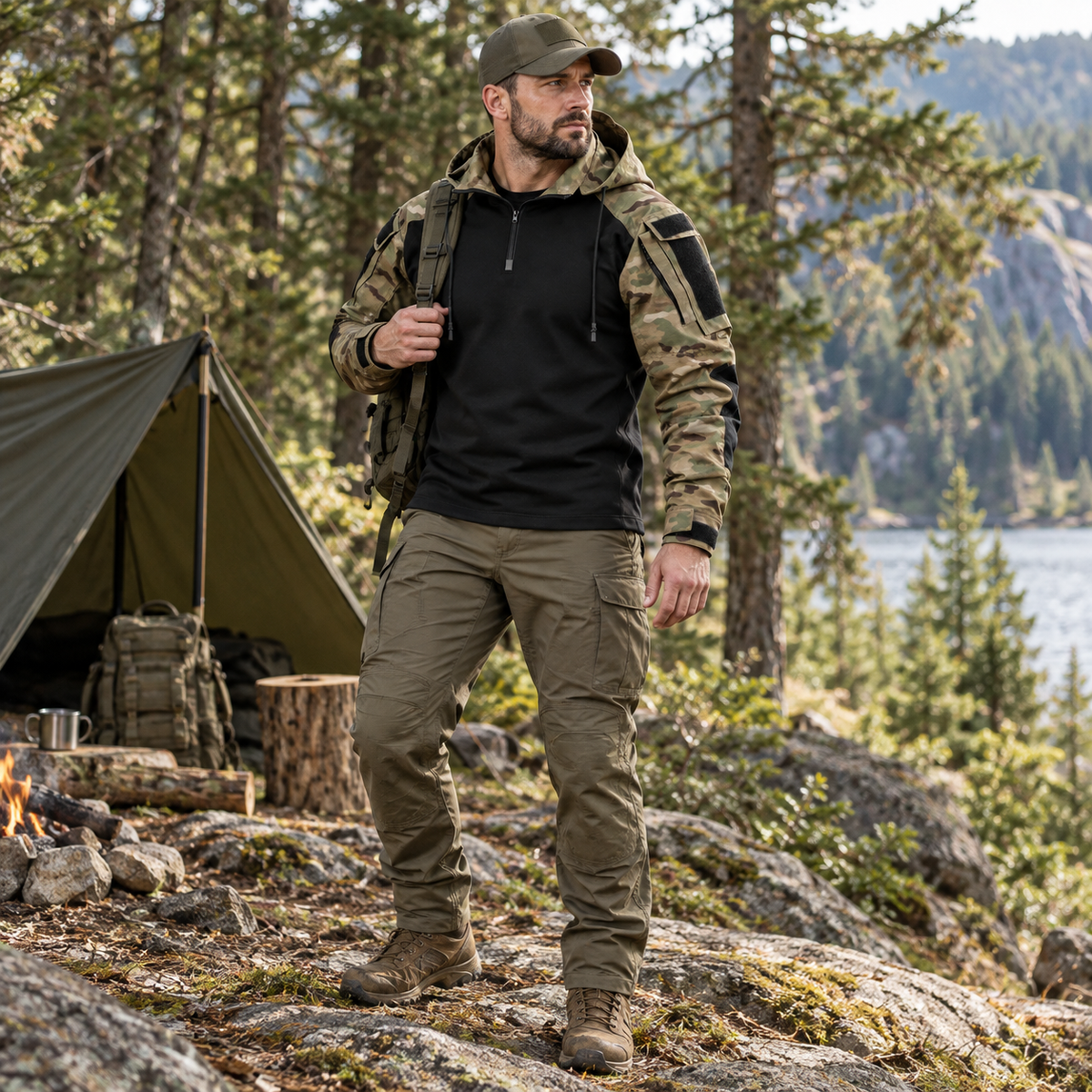 Veste tactique outdoor en polyester, déperlante, coupe-vent, respirante, automne-hiver, camping, randonnée, verte et grise | Sansoti
