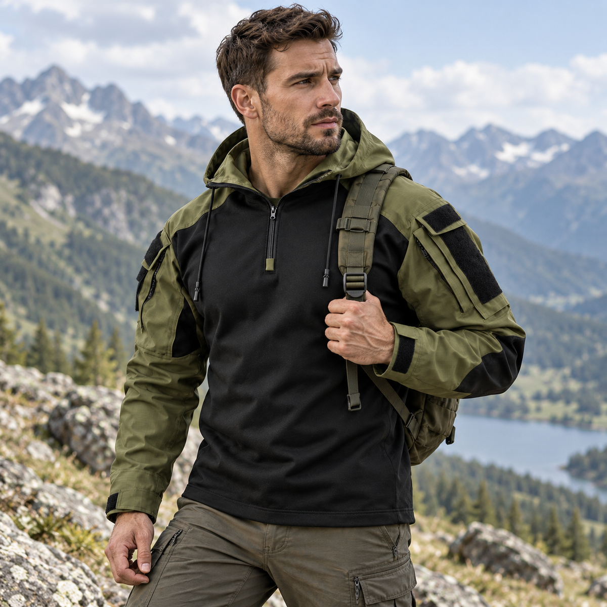 Veste tactique outdoor en polyester, déperlante, coupe-vent, respirante, automne-hiver, camping, randonnée, verte et grise | Sansoti