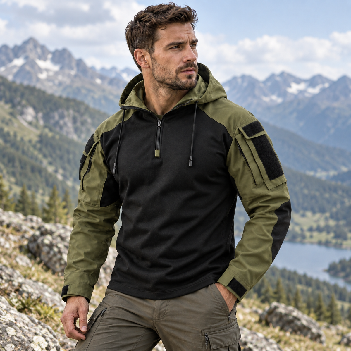 Veste tactique outdoor en polyester, déperlante, coupe-vent, respirante, automne-hiver, camping, randonnée, verte et grise | Sansoti