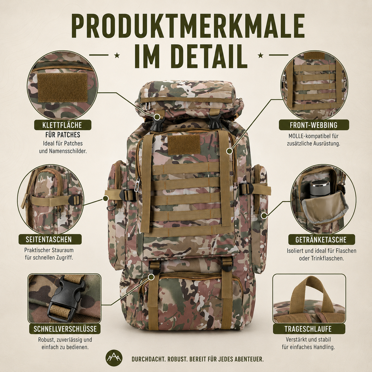Sac à dos de trekking 80 litres avec système MOLLE ergonomique, sac à dos outdoor camouflage kaki noir pour randonnée | Sansoti