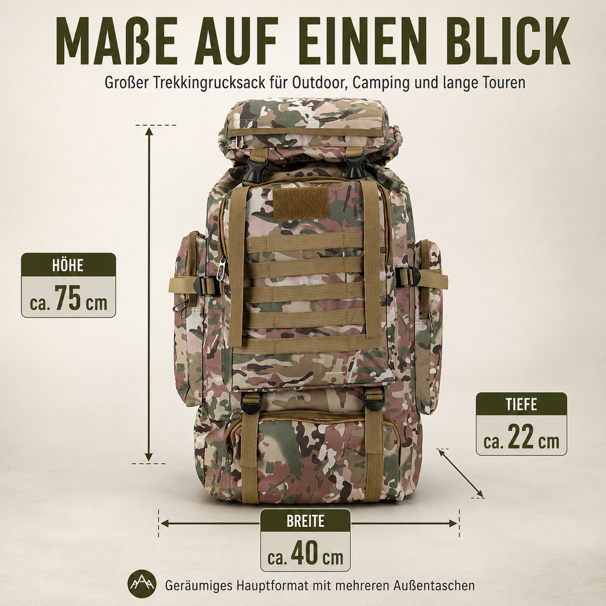Sac à dos de trekking 80 litres avec système MOLLE ergonomique, sac à dos outdoor camouflage kaki noir pour randonnée | Sansoti