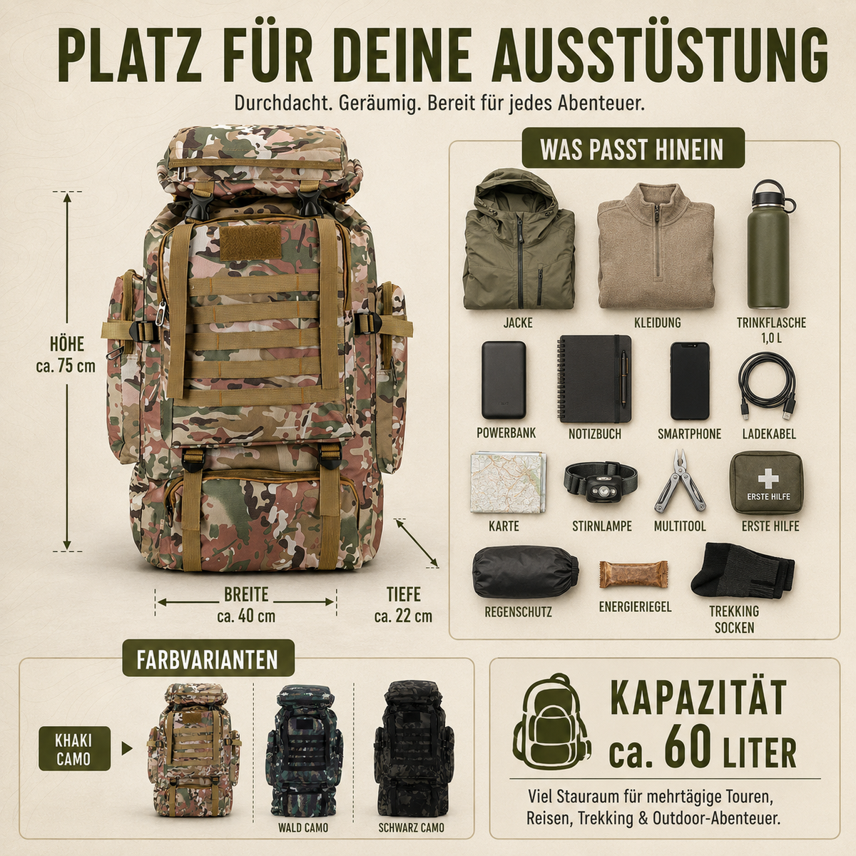 Sac à dos de trekking 80 litres avec système MOLLE ergonomique, sac à dos outdoor camouflage kaki noir pour randonnée | Sansoti