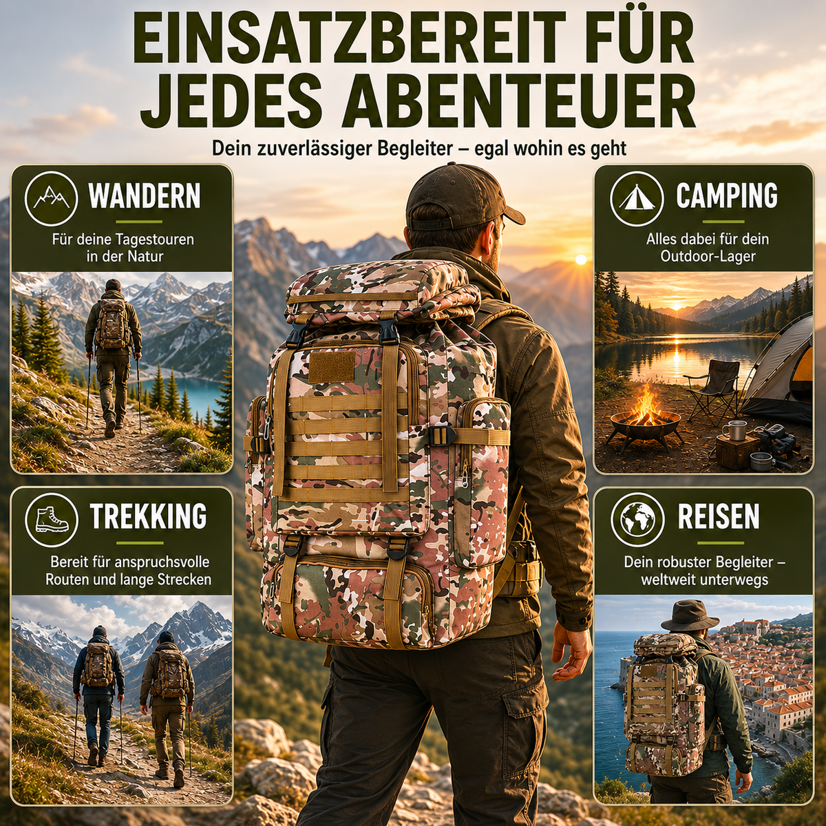 Sac à dos de trekking 80 litres avec système MOLLE ergonomique, sac à dos outdoor camouflage kaki noir pour randonnée | Sansoti