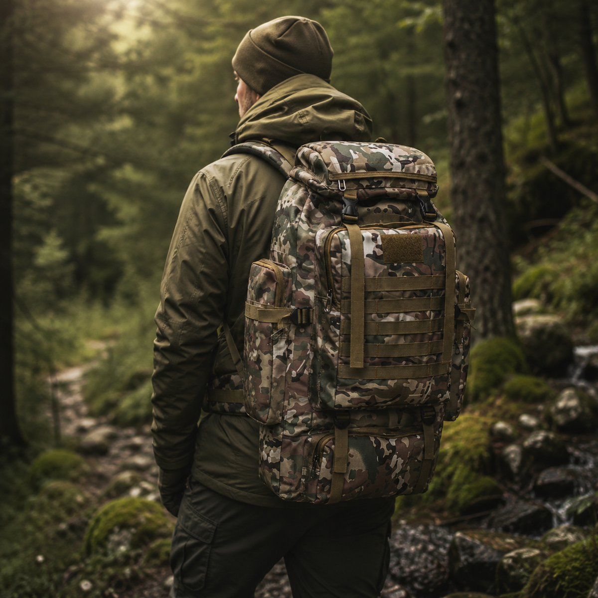 Sac à dos de trekking 80 litres avec système MOLLE ergonomique, sac à dos outdoor camouflage kaki noir pour randonnée | Sansoti