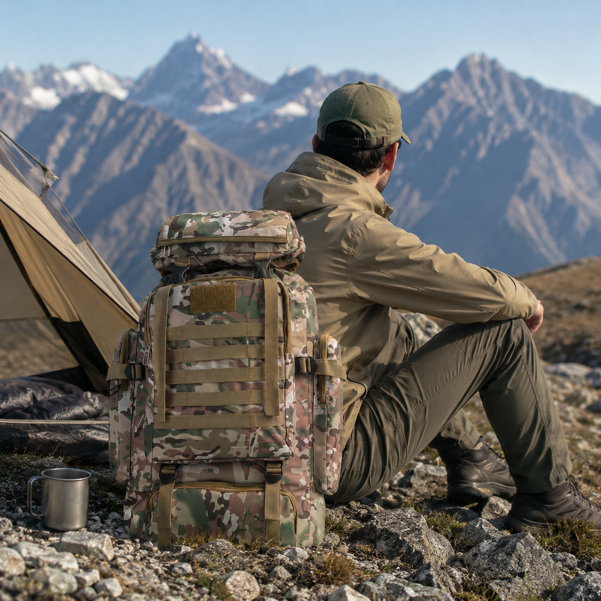 Sac à dos de trekking 80 litres avec système MOLLE ergonomique, sac à dos outdoor camouflage kaki noir pour randonnée | Sansoti