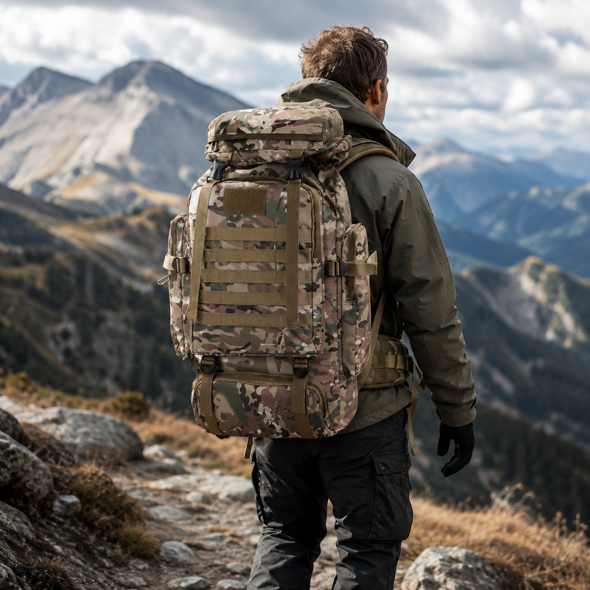 Sac à dos de trekking 80 litres avec système MOLLE ergonomique, sac à dos outdoor camouflage kaki noir pour randonnée | Sansoti