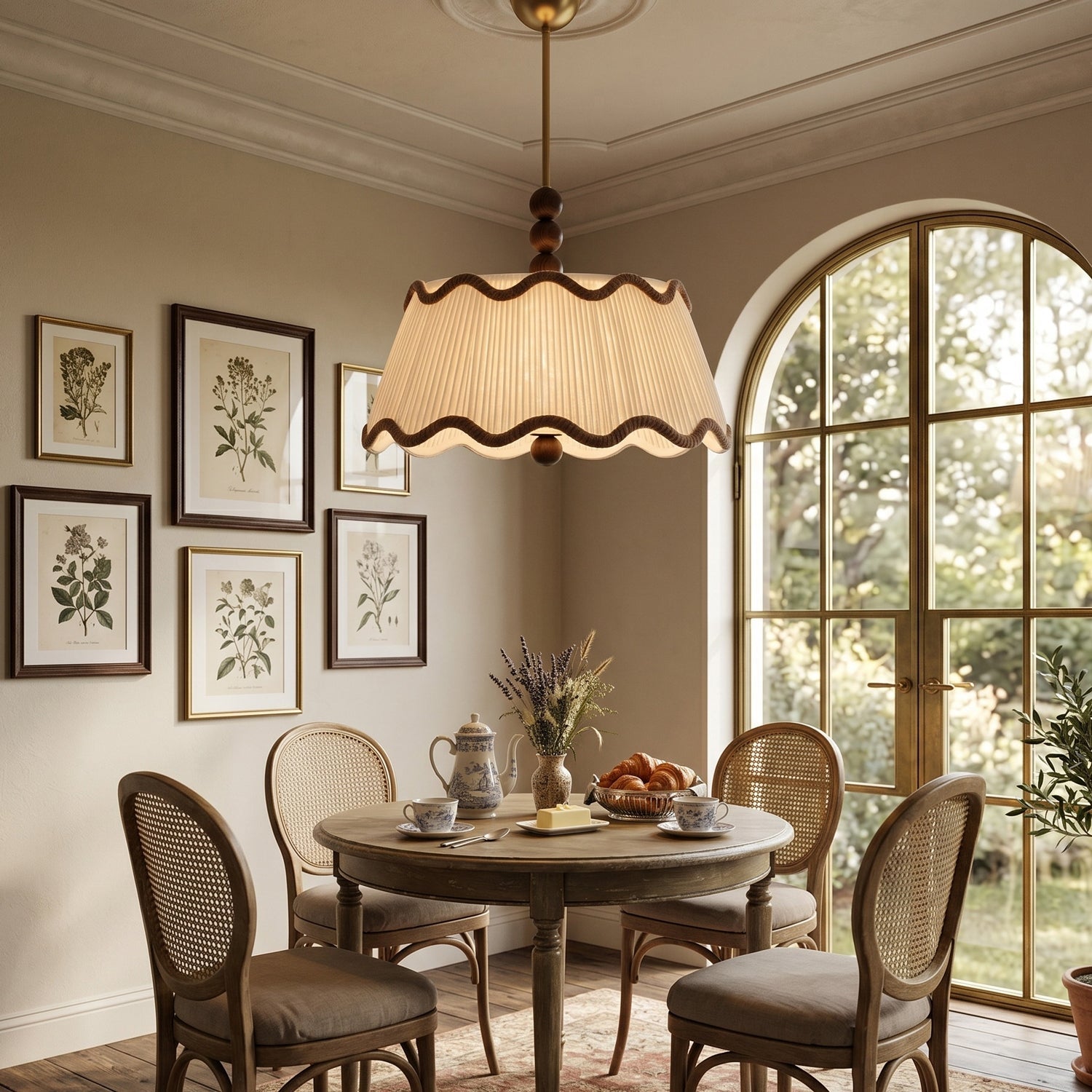 Plafondlamp met Geplooide Kap en Houten Kralen – Vintage Cottage Stijl voor Warm Sfeervol Licht | Sansoti