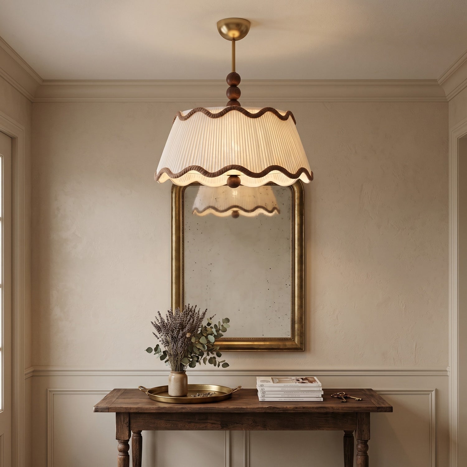 Plafondlamp met Geplooide Kap en Houten Kralen – Vintage Cottage Stijl voor Warm Sfeervol Licht | Sansoti