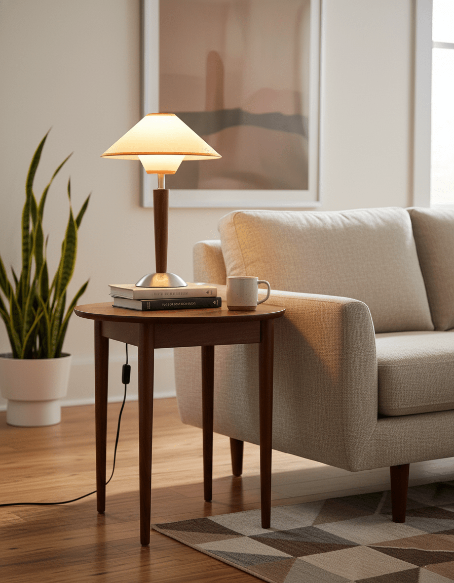 Houten Tafellamp met Stoffen Kap – Walnoot of Nikkel – Warm Modern Design – E26/E27 – Plug-in met Schakelaar | Sansoti
