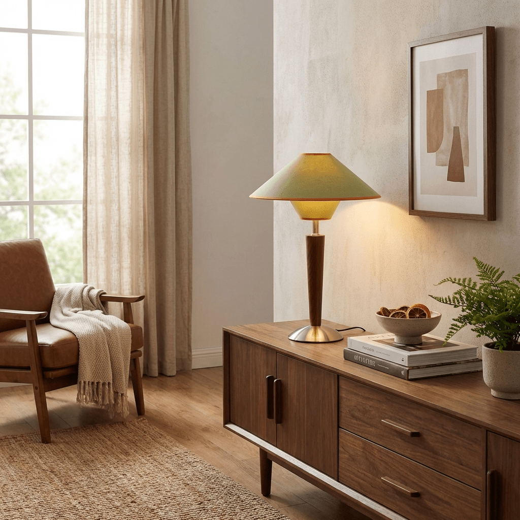 Houten Tafellamp met Stoffen Kap – Walnoot of Nikkel – Warm Modern Design – E26/E27 – Plug-in met Schakelaar | Sansoti