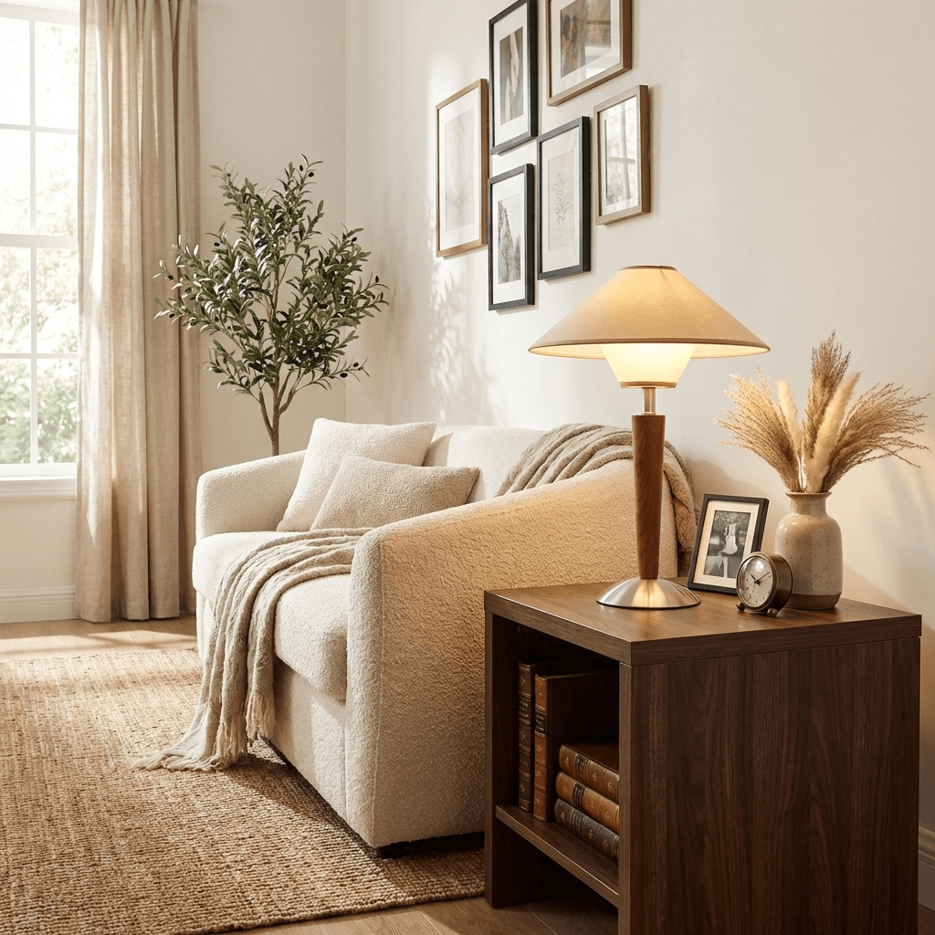 Houten Tafellamp met Stoffen Kap – Walnoot of Nikkel – Warm Modern Design – E26/E27 – Plug-in met Schakelaar | Sansoti