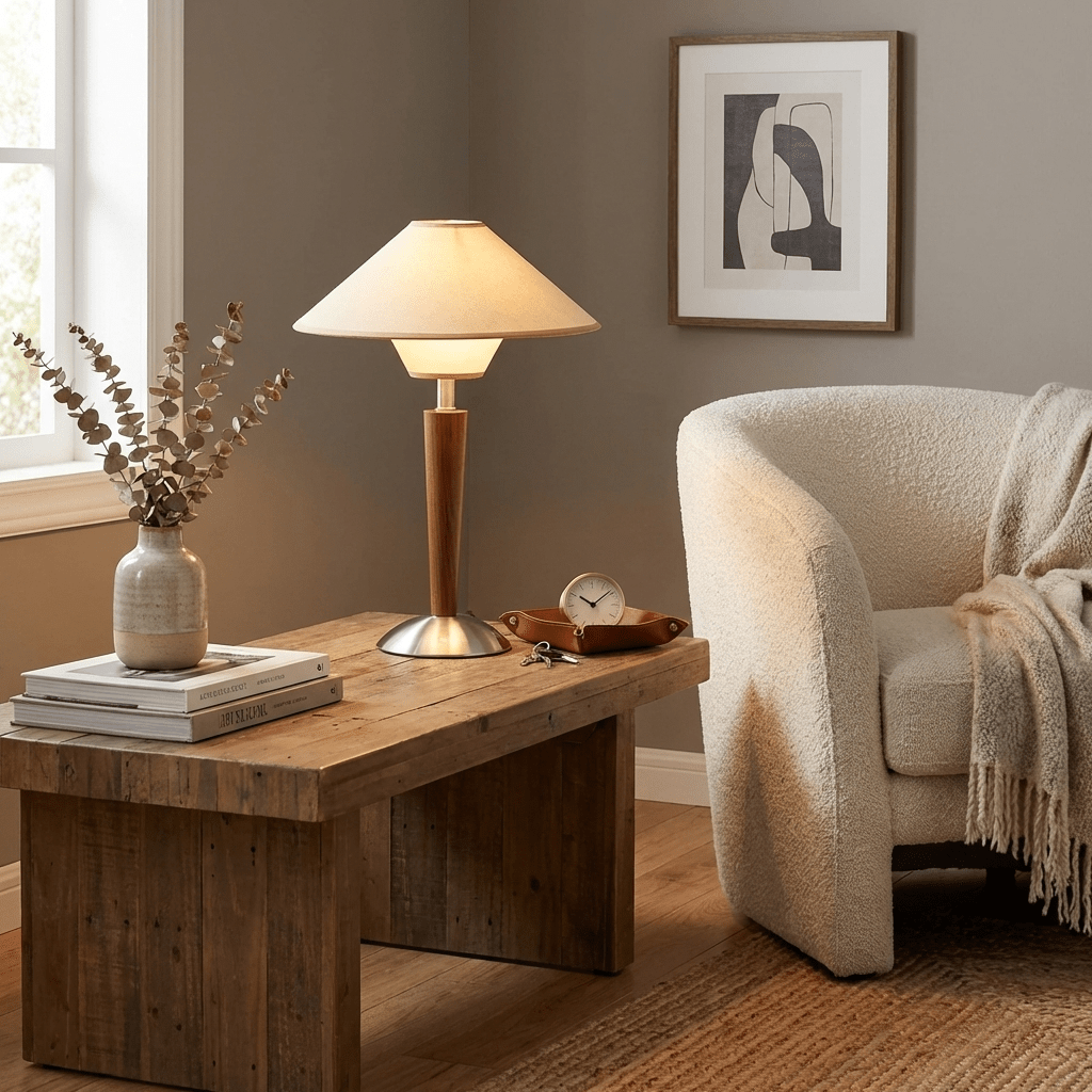 Houten Tafellamp met Stoffen Kap – Walnoot of Nikkel – Warm Modern Design – E26/E27 – Plug-in met Schakelaar | Sansoti