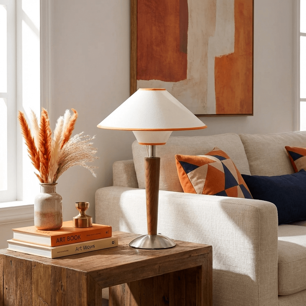 Houten Tafellamp met Stoffen Kap – Walnoot of Nikkel – Warm Modern Design – E26/E27 – Plug-in met Schakelaar | Sansoti
