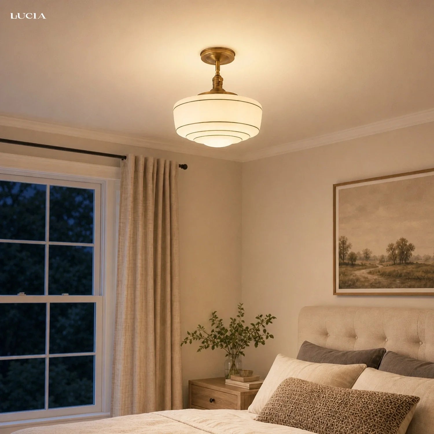 Ronde Plafondlamp met Gestreepte Glazen Kap en Messing Fitting – Scandinavische Flush Mount Verlichting | Sansoti