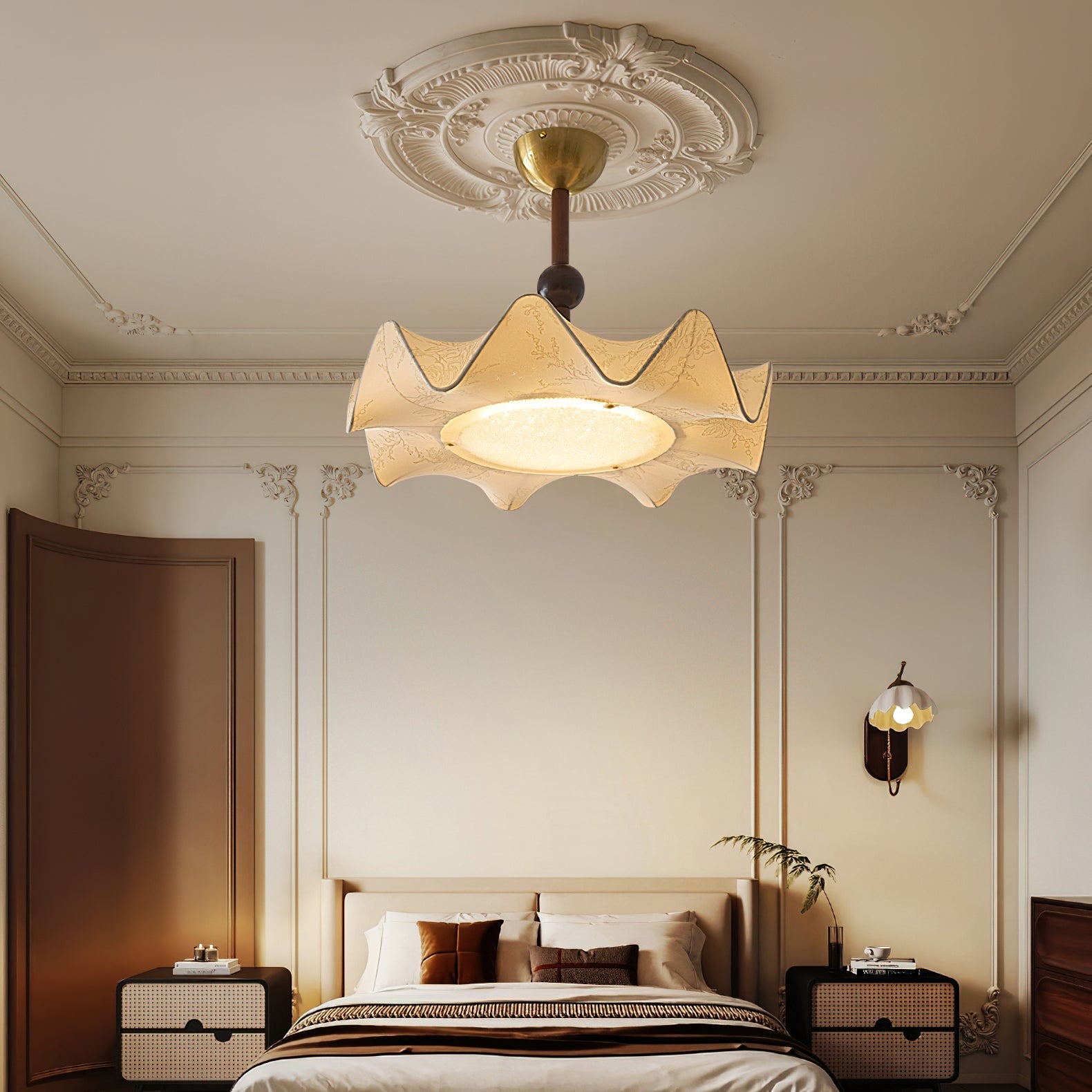 Plafondlamp met Bloemblaadjesontwerp – Walnoot & Goud – Geïntegreerde LED – Ø50cm × H44cm | Sansoti