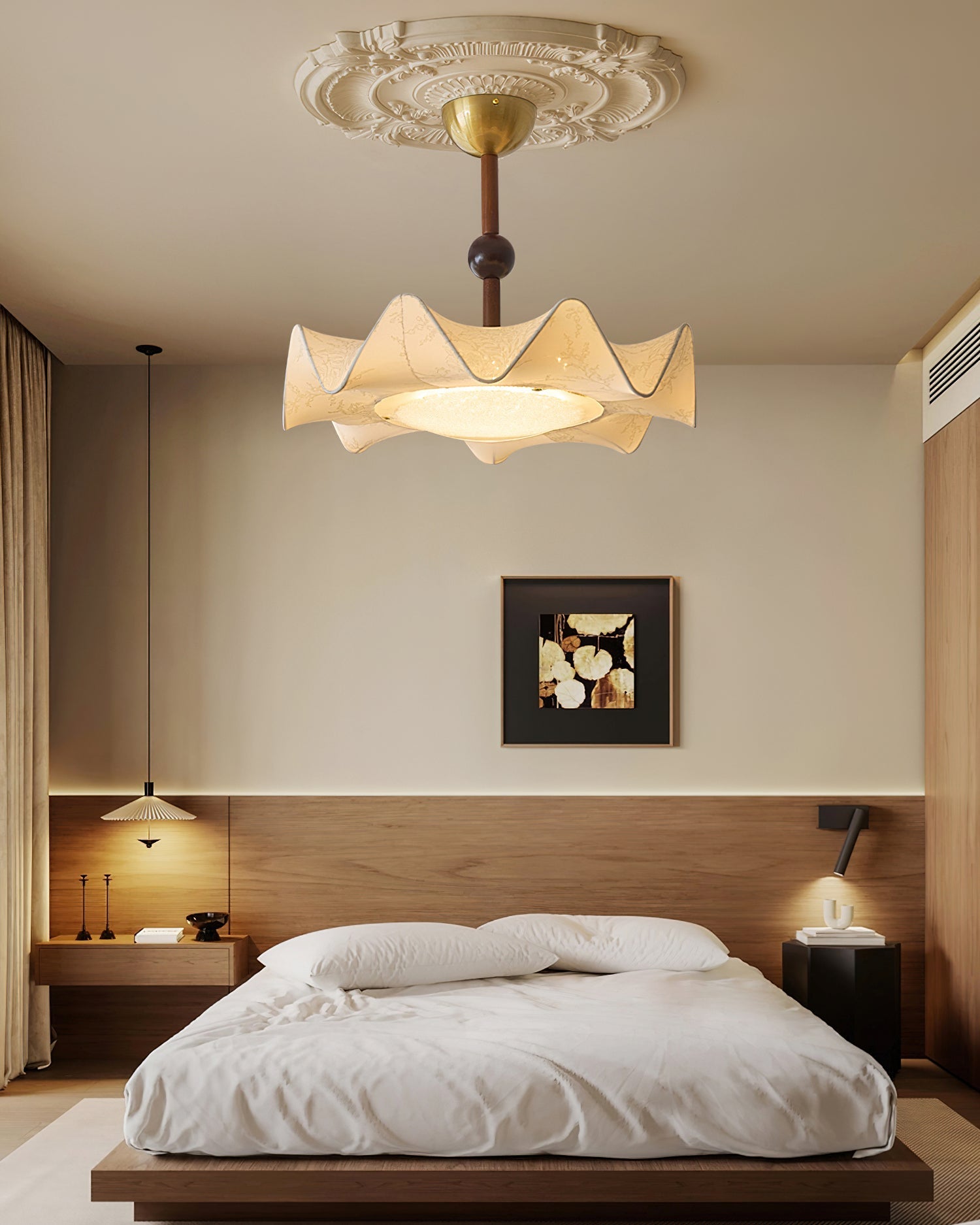 Plafondlamp met Bloemblaadjesontwerp – Walnoot & Goud – Geïntegreerde LED – Ø50cm × H44cm | Sansoti