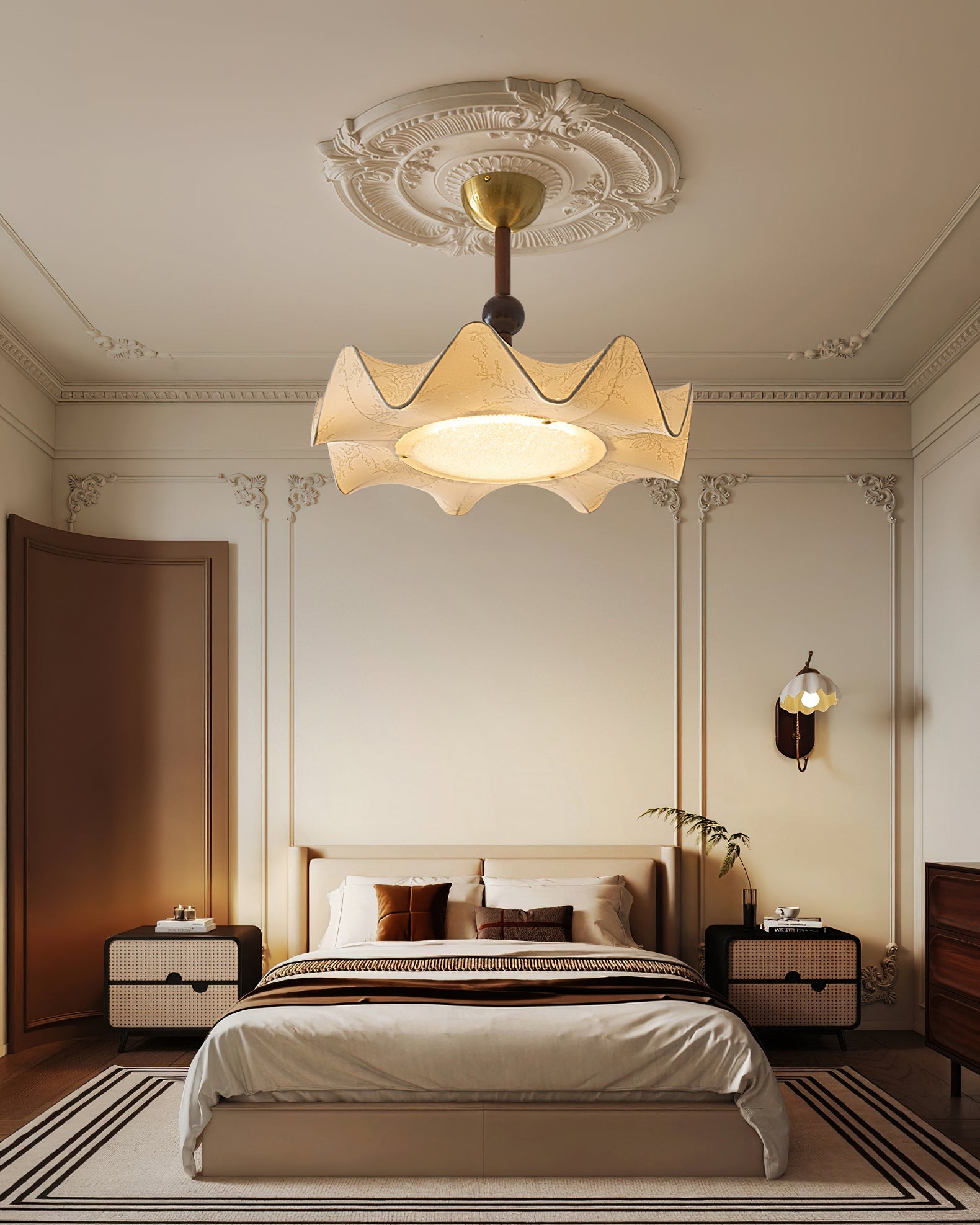 Plafondlamp met Bloemblaadjesontwerp – Walnoot & Goud – Geïntegreerde LED – Ø50cm × H44cm | Sansoti