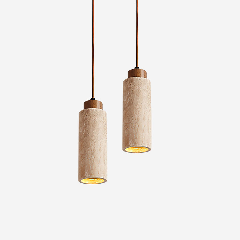 Hängelampe Travertin Zylinder Holz LED Beige Esstisch Wohnzimmer Naturstein Minimalistisches Design Beleuchtung Japandi Interieur | Restfield