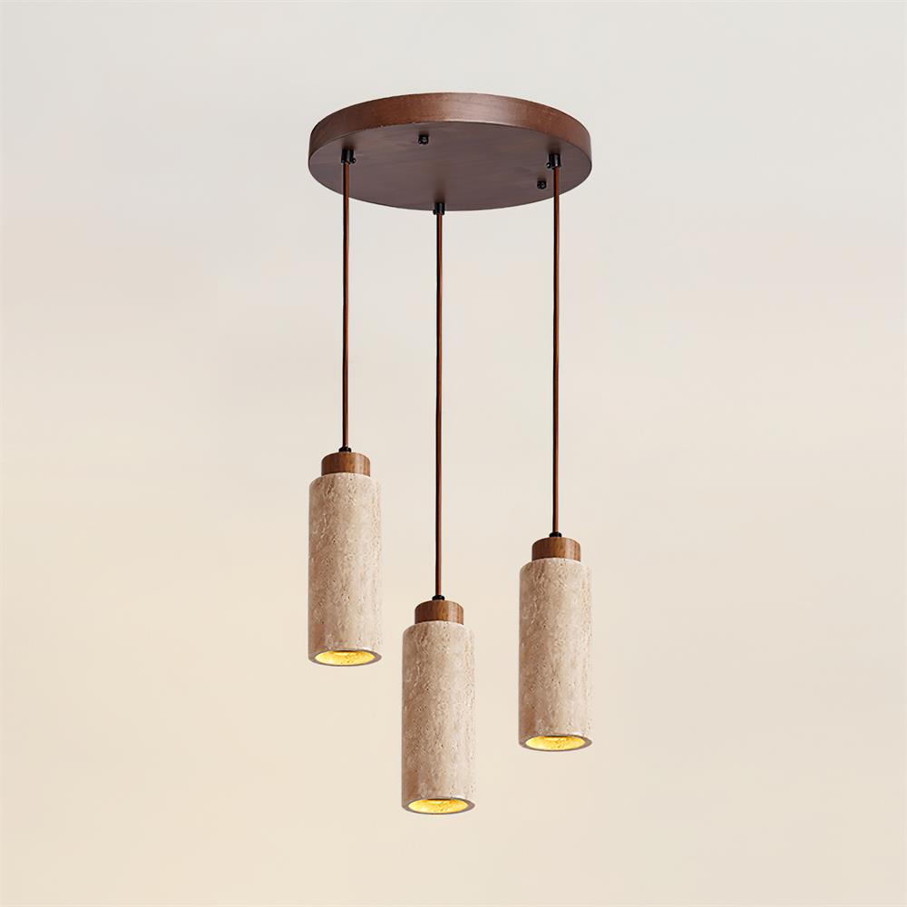 Hängelampe Travertin Zylinder Holz LED Beige Esstisch Wohnzimmer Naturstein Minimalistisches Design Beleuchtung Japandi Interieur | Restfield