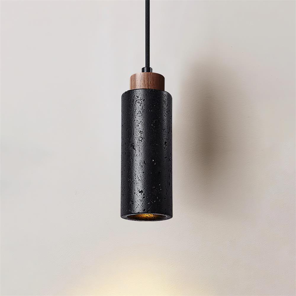 Hängelampe Travertin Zylinder Holz LED Beige Esstisch Wohnzimmer Naturstein Minimalistisches Design Beleuchtung Japandi Interieur | Restfield
