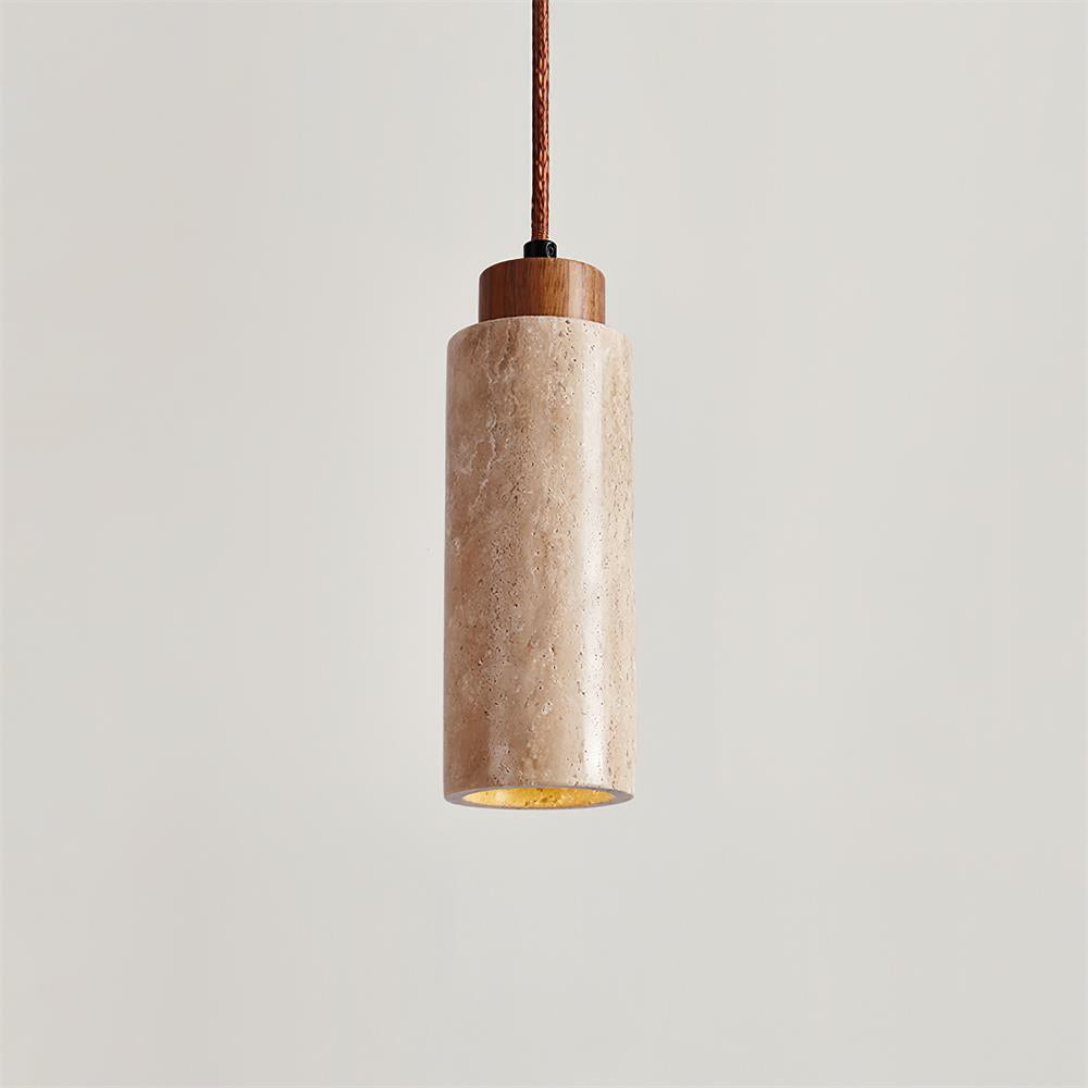 Hängelampe Travertin Zylinder Holz LED Beige Esstisch Wohnzimmer Naturstein Minimalistisches Design Beleuchtung Japandi Interieur | Restfield
