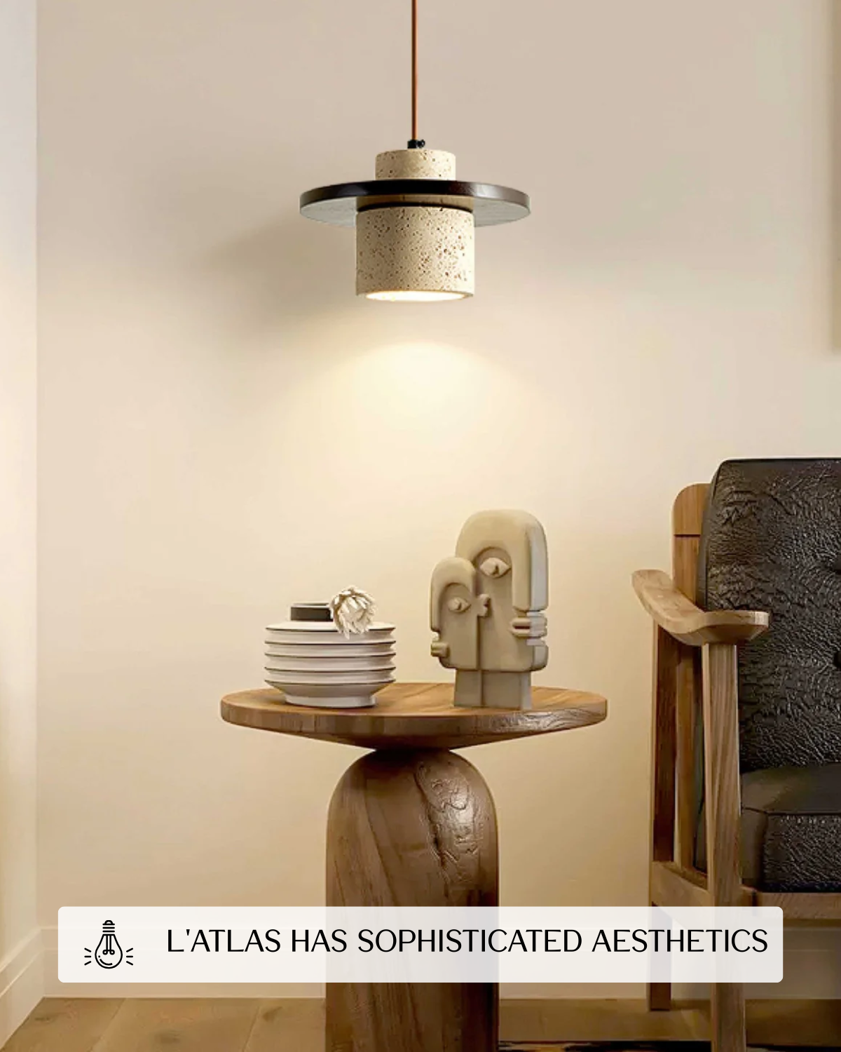 Hanglamp natuursteen travertijn met walnoot accent modern design | Sansoti