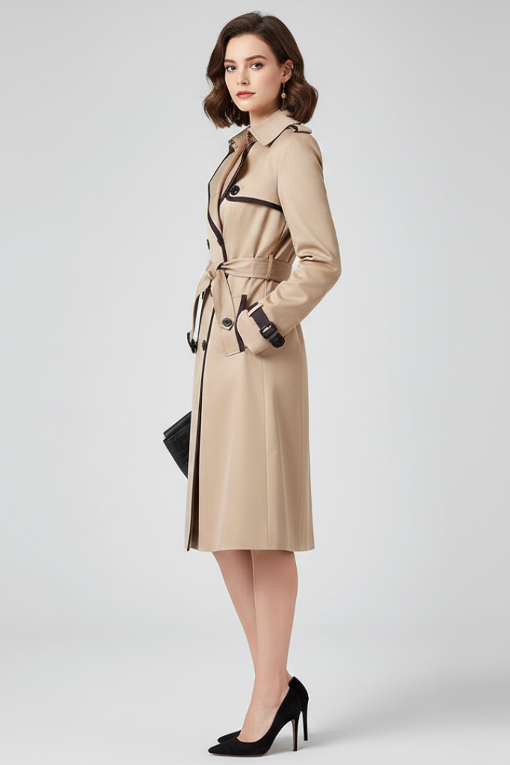 Gestructureerde Trenchcoat met Strikceintuur Knielengte Klassieke Kraag Elegante Dagelijkse Workwear Damesjas | Sansoti