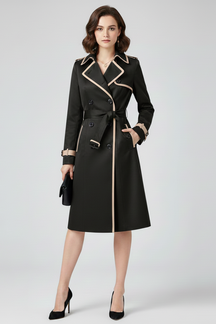 Gestructureerde Trenchcoat met Strikceintuur Knielengte Klassieke Kraag Elegante Dagelijkse Workwear Damesjas | Sansoti