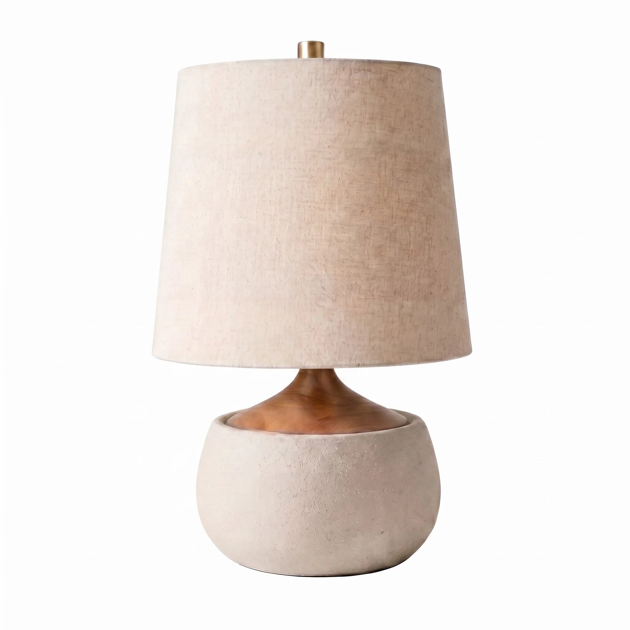 Tafellamp met Houten Voet, Linnen Kap en Cementlook Cilinder – Modern Design | Sansoti