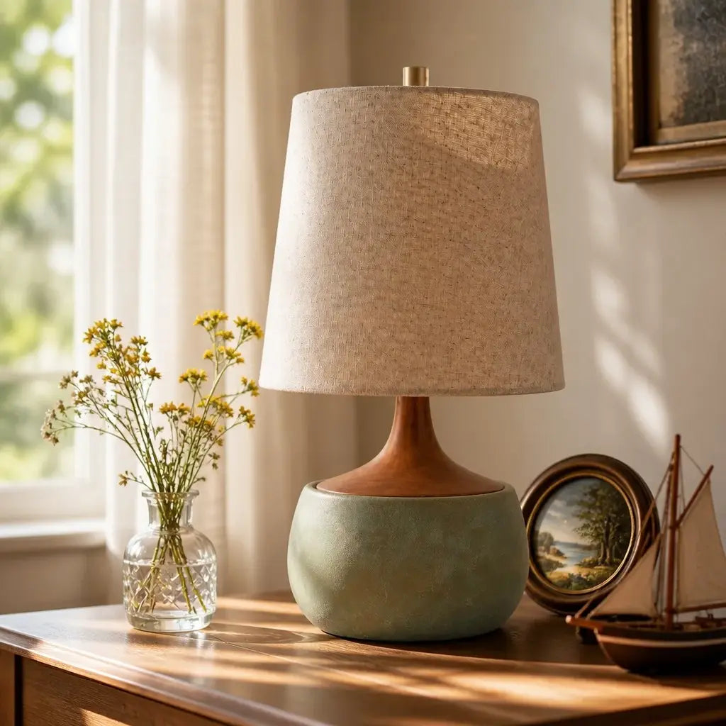 Tafellamp met Houten Voet, Linnen Kap en Cementlook Cilinder – Modern Design | Sansoti