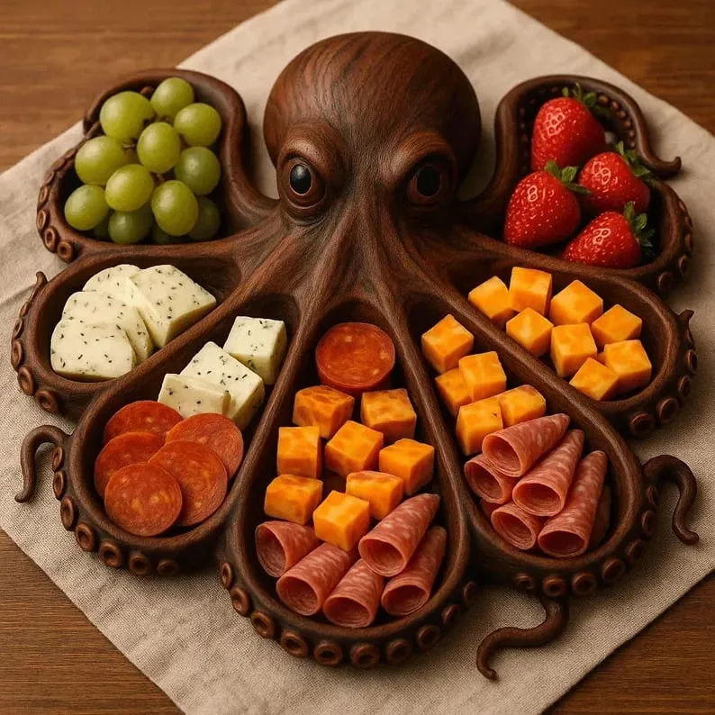 Handgesneden houten serveerplateau in octopusvorm met tentakels – natuurlijk hout tafelservies decoratief schaaltje tapas charcuterie borrelplank | Sansoti