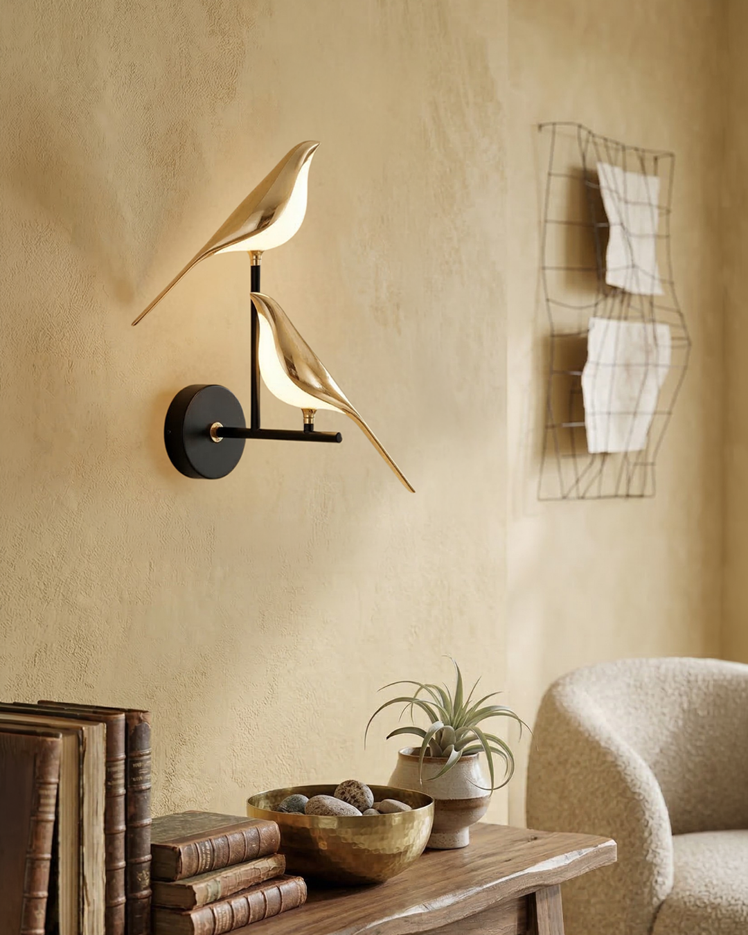 Vogel Wandlamp - Moderne Sculptuurverlichting met Natuurlijke Vormen - Matglas Diffuus Licht - Gouden Afwerking | Sansoti