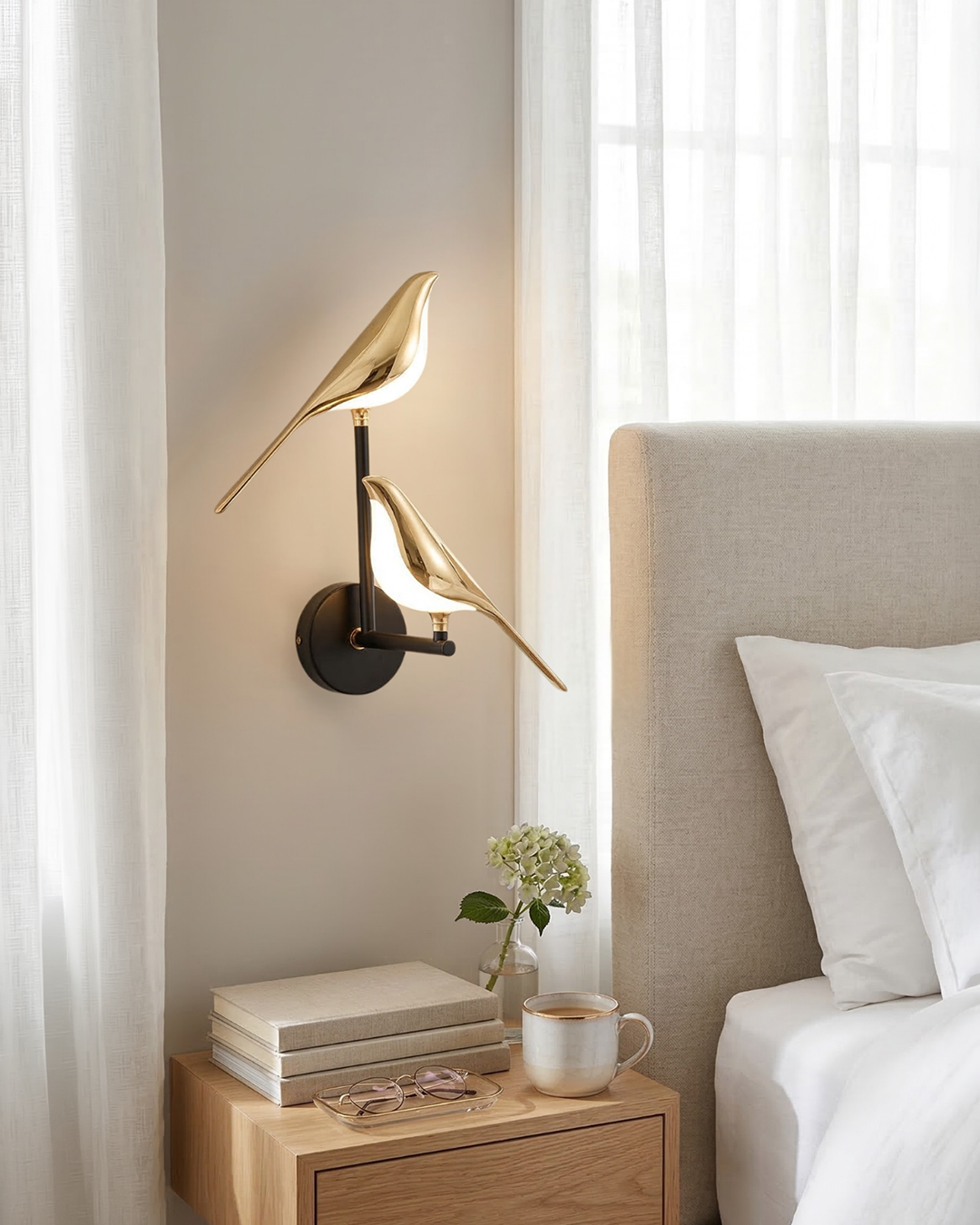 Vogel Wandlamp - Moderne Sculptuurverlichting met Natuurlijke Vormen - Matglas Diffuus Licht - Gouden Afwerking | Sansoti