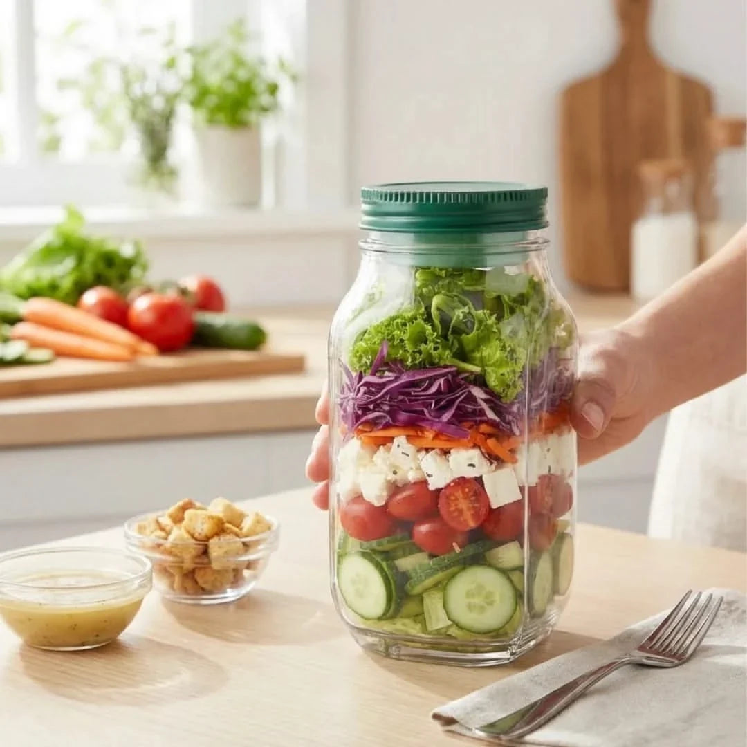 Lunchpot mit Dressingfach & auslaufsicherem Deckel für frische Salate unterwegs und gesunde Mahlzeiten | Sansoti