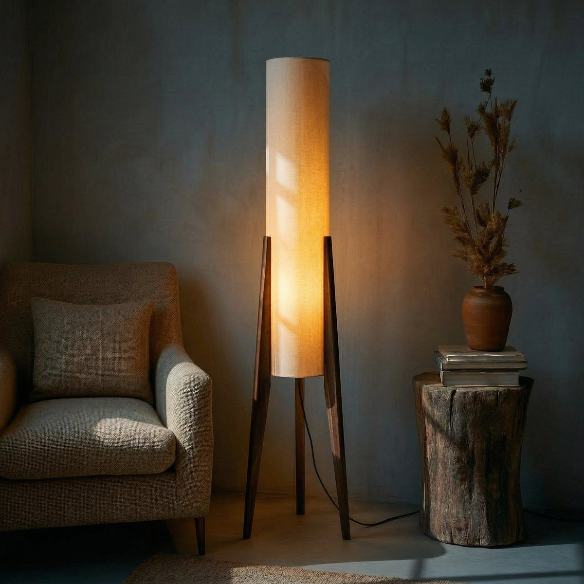 Staande Vloerlamp Notenhout met Linnen Kap en LED-Verlichting voor Sfeervolle Woonkamer en Slaapkamer | Sansoti