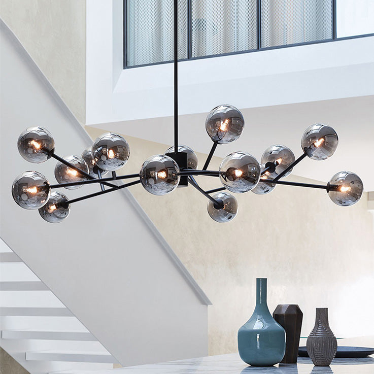 Moderne lineare Sputnik-Kronleuchter mit 15 Glaskugeln in Schwarz oder Messing – Design-Hängelampe 112 cm | Restfield