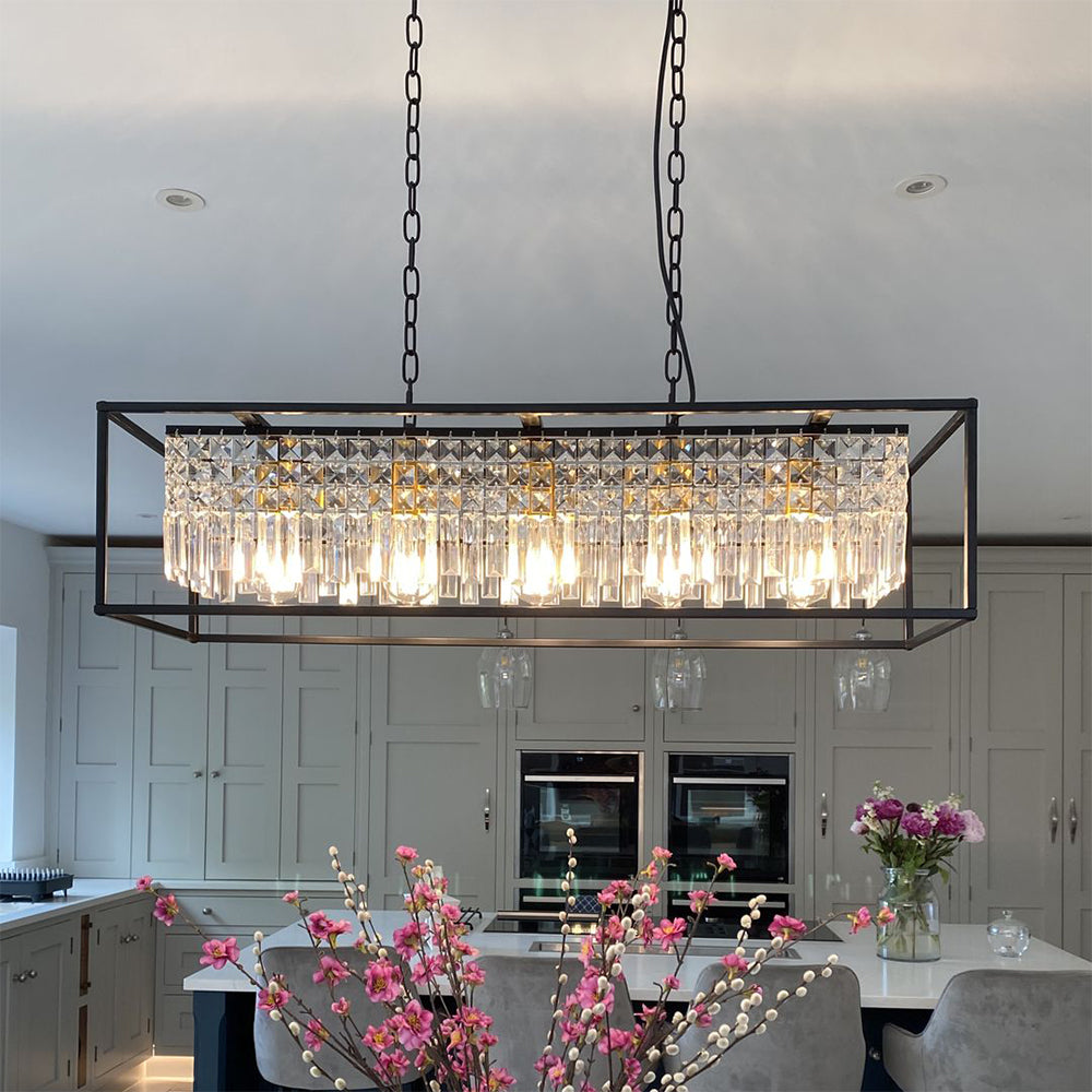 Suspension rectangulaire de luxe en cristal noir pour îlot de cuisine et table à manger avec 5 points lumineux | Restfield