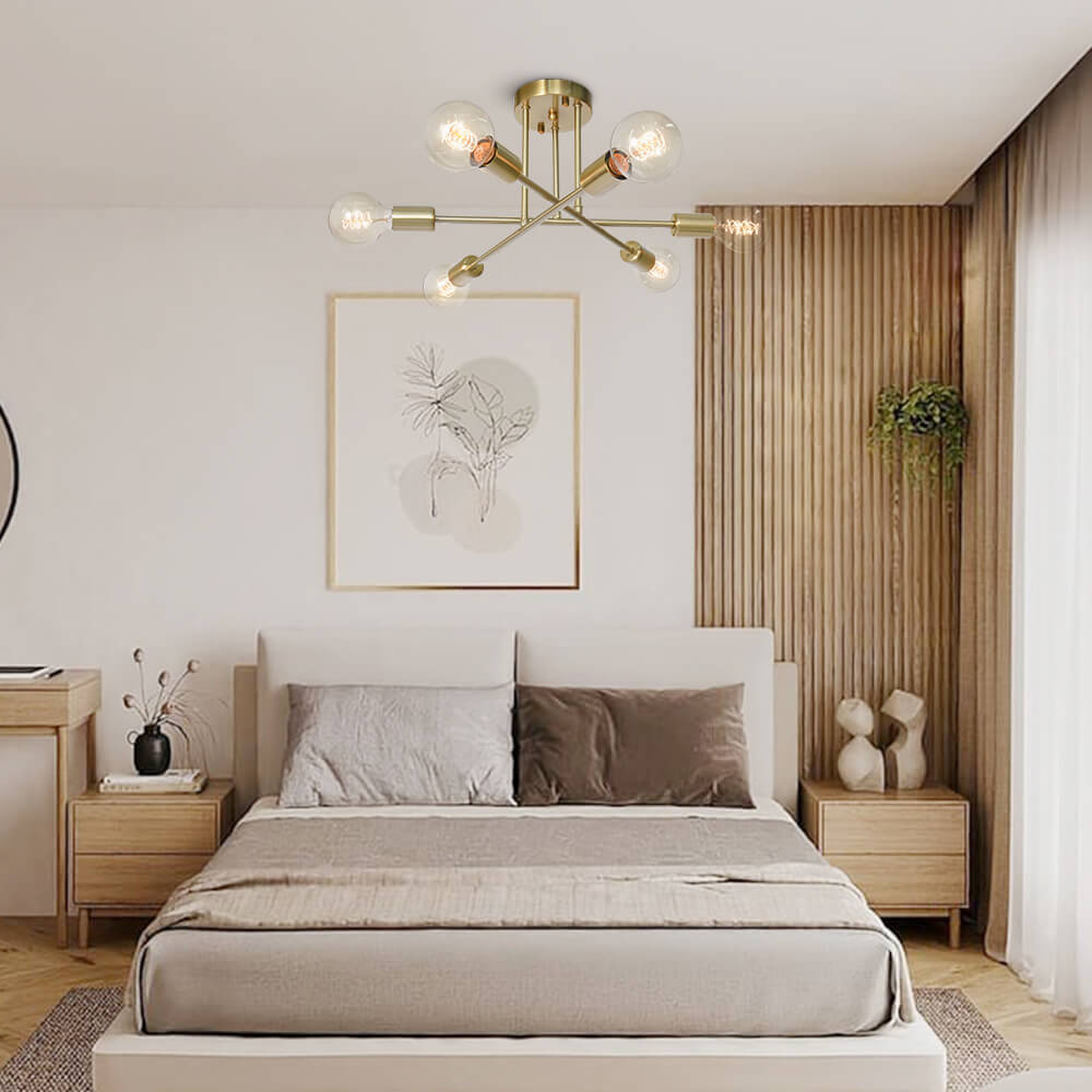 Messing sputnik plafondlamp met 6 lichtpunten – semi flush design voor lage plafonds 60 cm | Sansoti