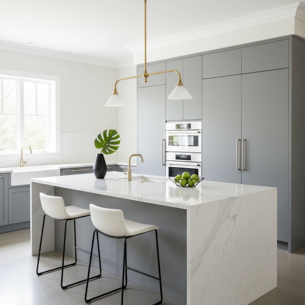 Luxe Design Hanglamp Met Witte Glazen Kappen Voor Eettafel En Keukeneiland In Messing Afwerking | Sansoti