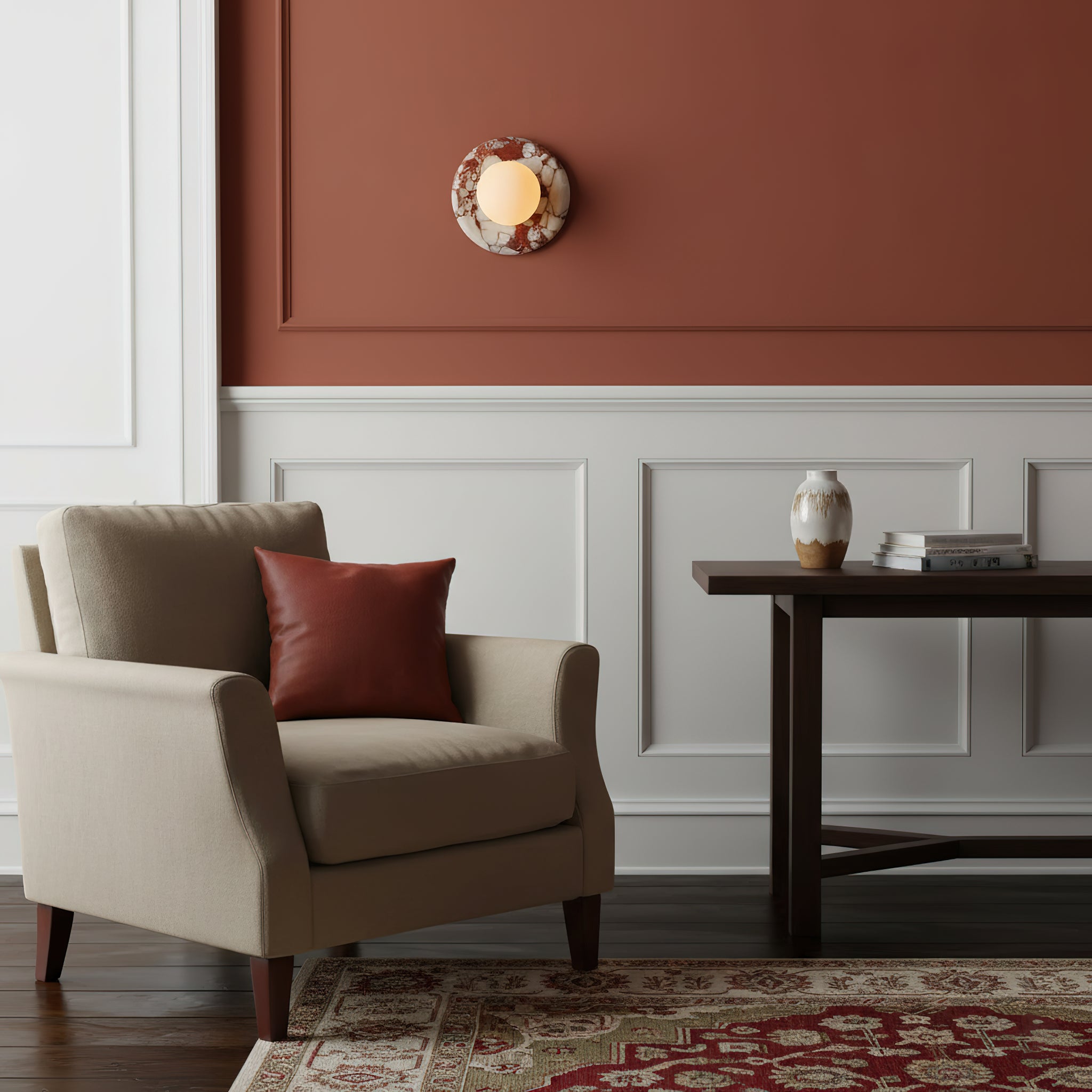 Runde Design-Wandleuchte mit Marmorrückwand und Glaskugel für Flur und Schlafzimmer | Restfield
