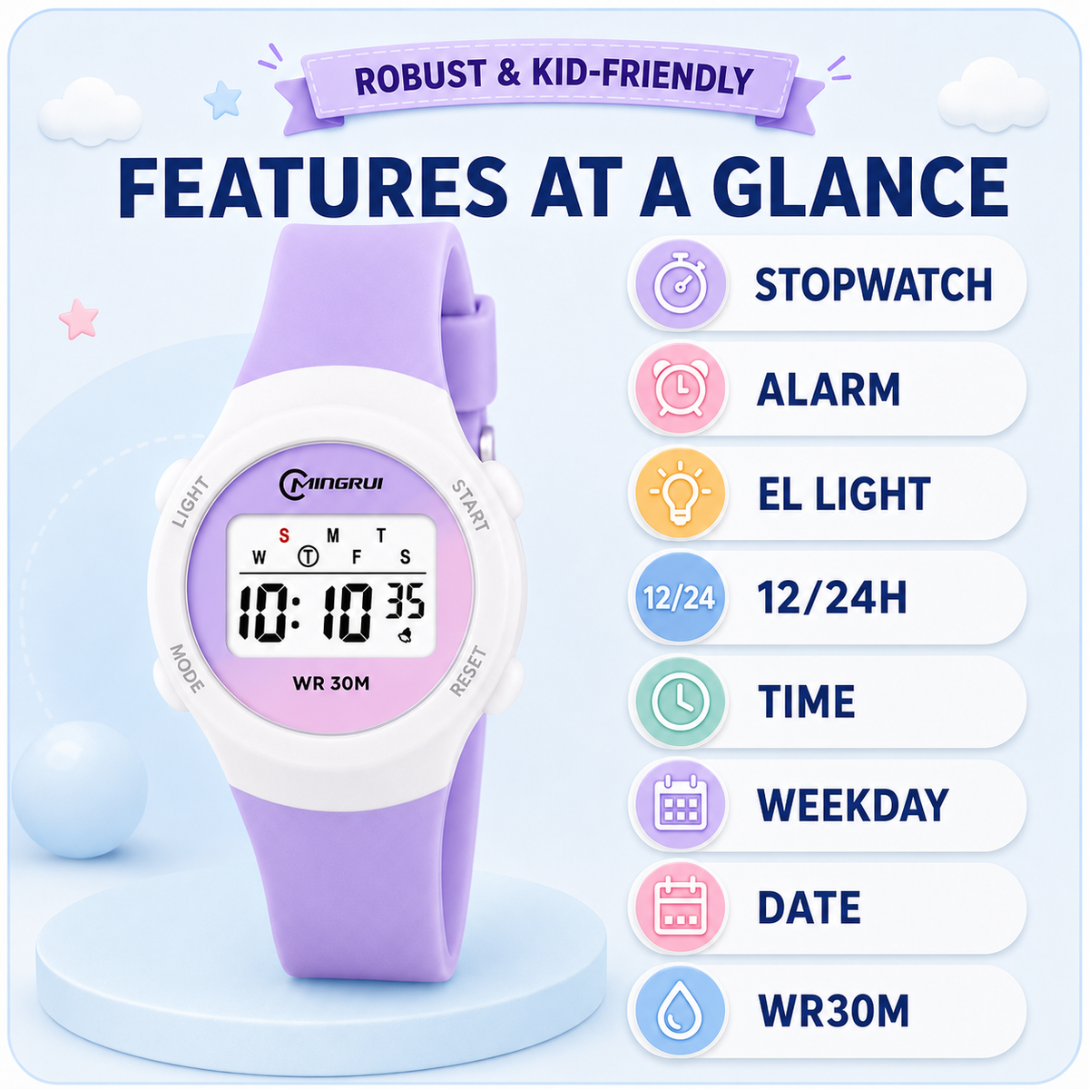Digitale Kinderuhr Sportlich Wasserdicht mit Alarm Stoppuhr und Timer Silikonarmband für Jungen und Mädchen | Sansoti