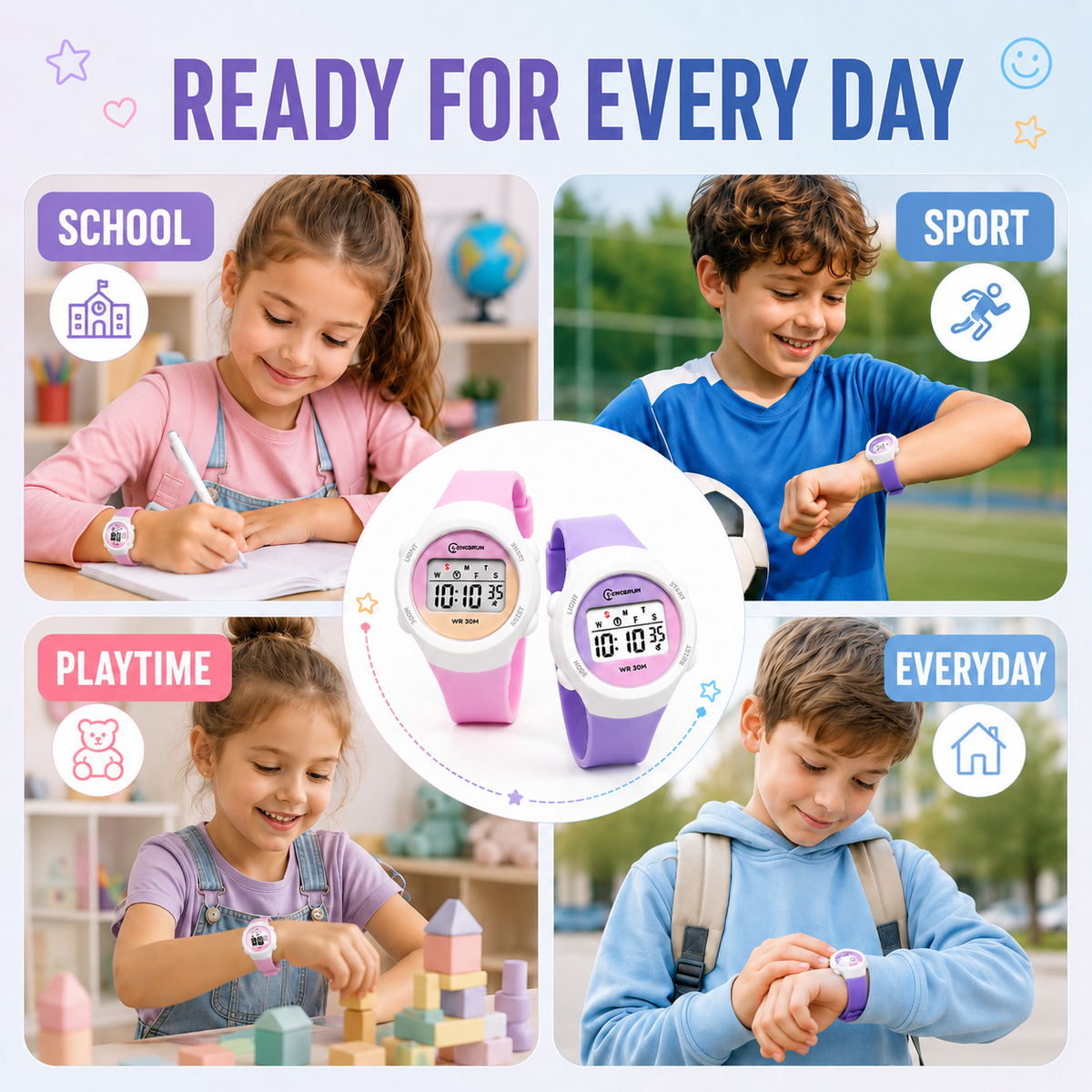 Digitale Kinderuhr Sportlich Wasserdicht mit Alarm Stoppuhr und Timer Silikonarmband für Jungen und Mädchen | Sansoti