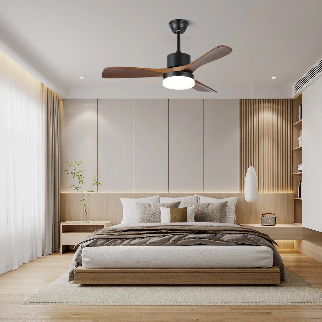 Moderne Plafondventilator met Verlichting Minimalistische Darian in Houtafwerking – Scandinavisch Ontwerp Ø126-132cm | Sansoti