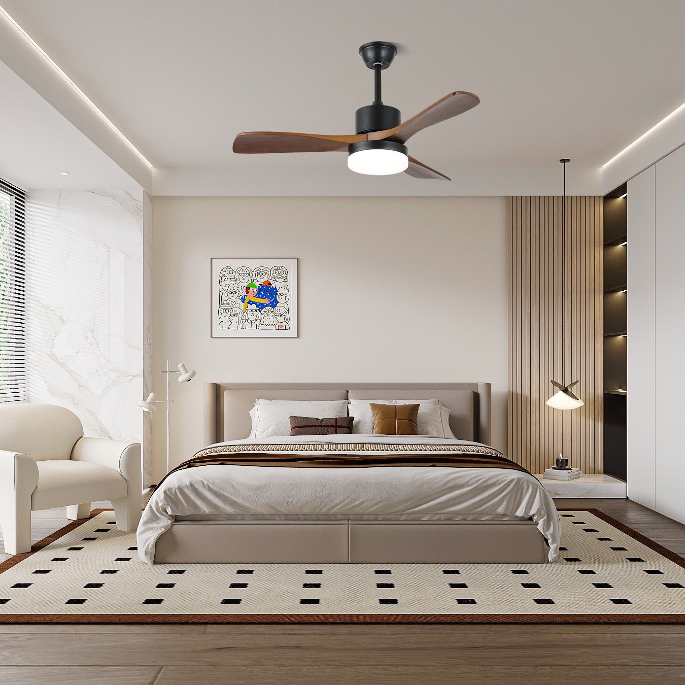 Moderne Plafondventilator met Verlichting Minimalistische Darian in Houtafwerking – Scandinavisch Ontwerp Ø126-132cm | Sansoti