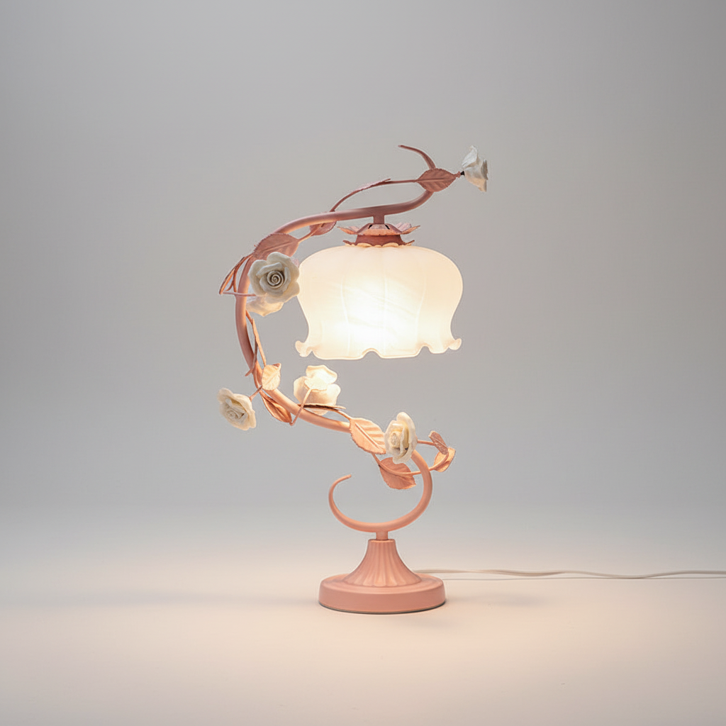 Tafelamp Rozen Metaal Glas Roze Slaapkamer Nachtkastlamp Romantisch Shabby Chic Bloemen Decoratielamp | Sansoti