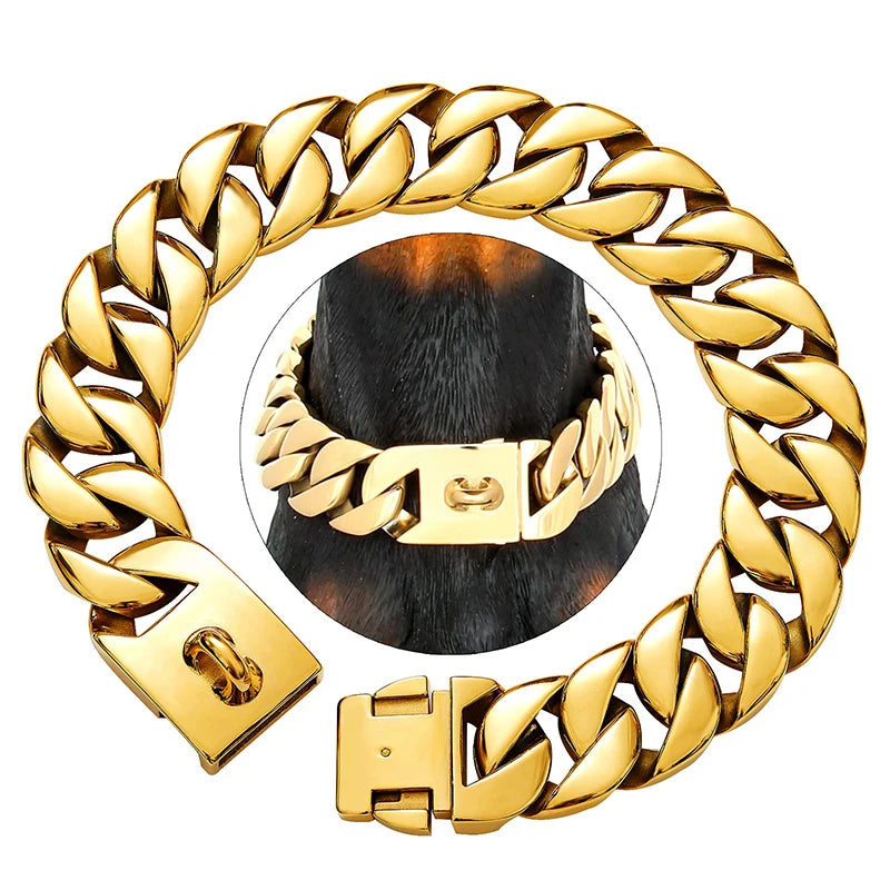 Stevige RVS Hondenhalsband 32mm Breed Metalen Ketting Schakelband voor Grote Honden Pitbull Buldog Herder Luxe Bevestiging Goud Zilver Zwart Roségold Meerkleurig 25-75cm | Sansoti