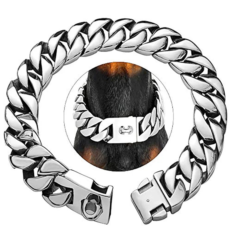 Stevige RVS Hondenhalsband 32mm Breed Metalen Ketting Schakelband voor Grote Honden Pitbull Buldog Herder Luxe Bevestiging Goud Zilver Zwart Roségold Meerkleurig 25-75cm | Sansoti