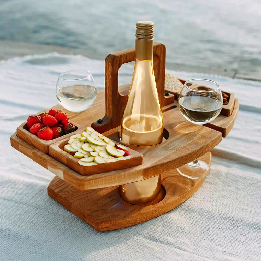 Draagbaar Houten Wijnplateau met Fleshouders en Glazenhouder voor Picknick Tuin Strand Park | Sansoti