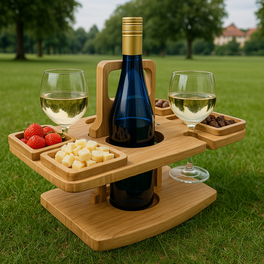Draagbaar Houten Wijnplateau met Fleshouders en Glazenhouder voor Picknick Tuin Strand Park | Sansoti