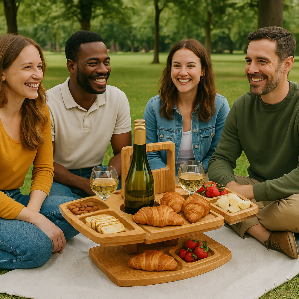 Draagbaar Houten Wijnplateau met Fleshouders en Glazenhouder voor Picknick Tuin Strand Park | Sansoti